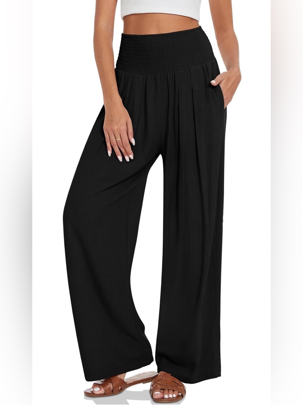 UEU Black Linen Blend Wide Leg Pants Women’s Large Smocked Waist